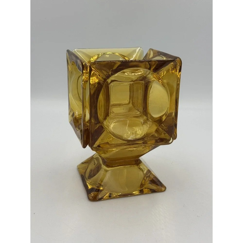 VTG Amber Glass Vase Heavy Square Cube Retro MCM Candle Holder Planter Retro